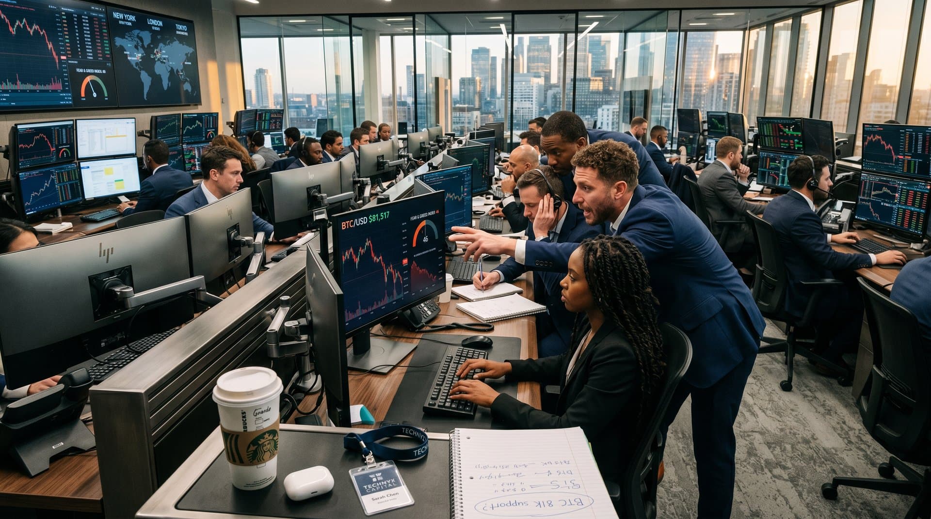 Global traders monitor Bitcoin at USD 81K and Fear & Greed Index 46 on screens amid market slump on international trading floor