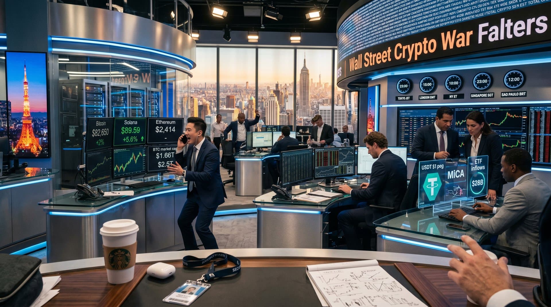 Trading floor monitors Bitcoin $82K surge, altcoin rallies, global clocks amid Wall Street crypto war visuals.