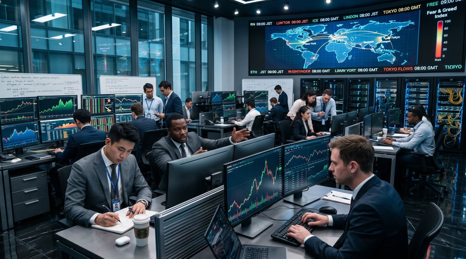 AI dashboards and global crypto charts on monitors in innovative exchange office with trade screens