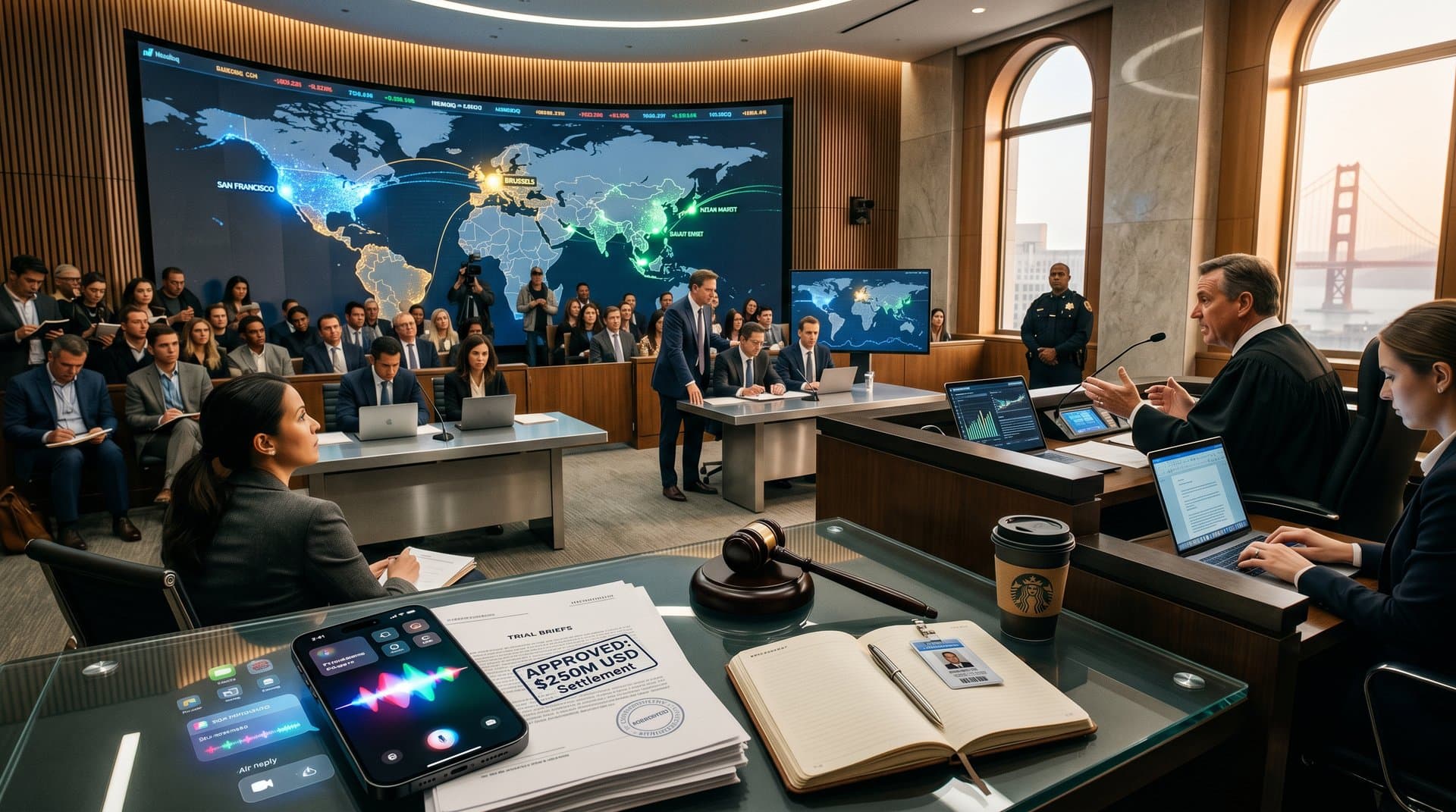 iPhone displaying Apple Intelligence AI features on courtroom table with global regulatory maps in background
