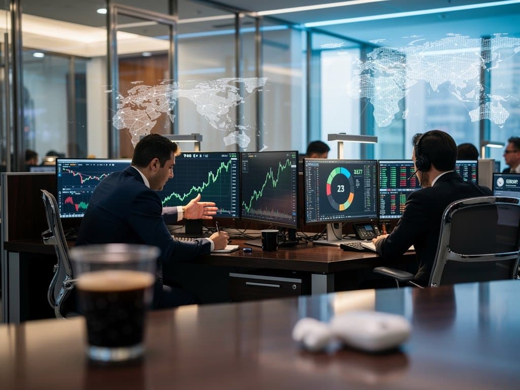 Modern trading screens showing Bitcoin at USD 74,657, Fear & Greed Index at 23, crypto charts for ETH and XRP in professional fintech environment
