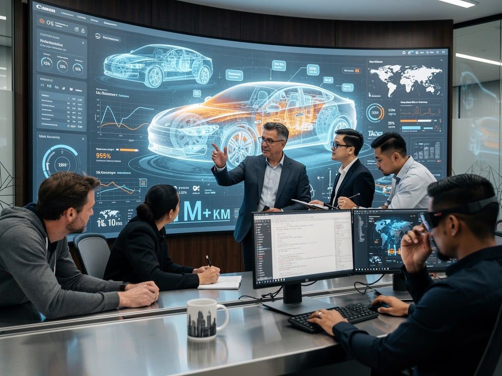 Global team analyzes Stellantis-Microsoft AI deal vehicle models and supply chains on screen in high-tech lab