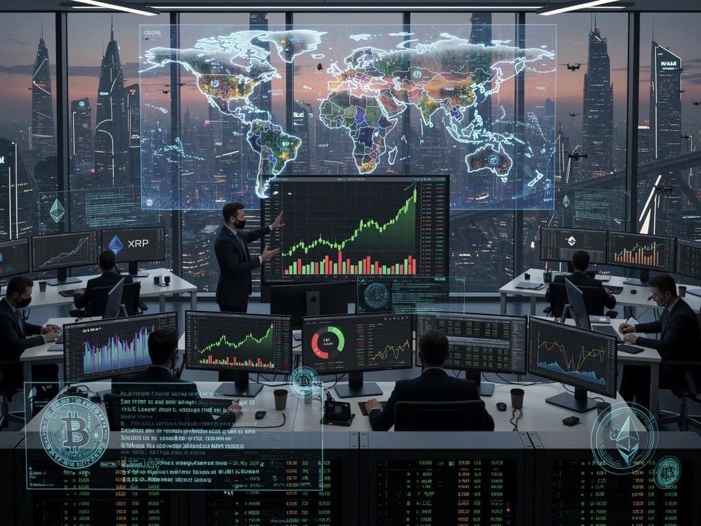 Crypto trading dashboard displays Bitcoin USD 73,819, Fear & Greed 23, global market maps and volatility charts in high-tech financial environment