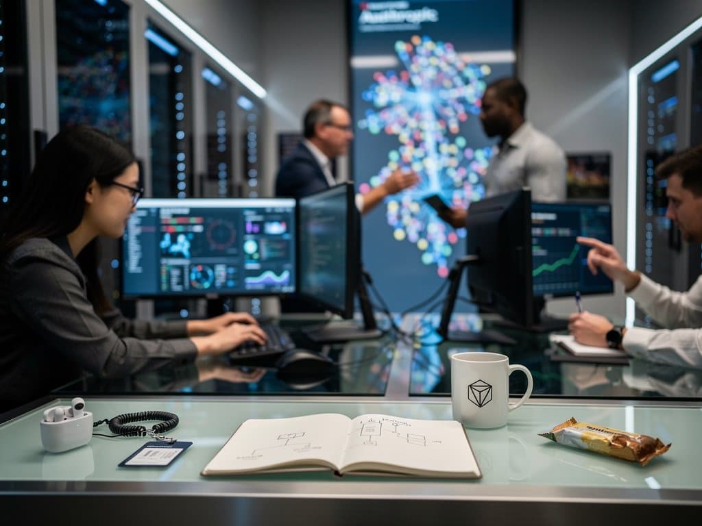 Abstract engineers in Anthropic San Francisco lab view Claude Opus 4.7 screens with global fintech data and server racks