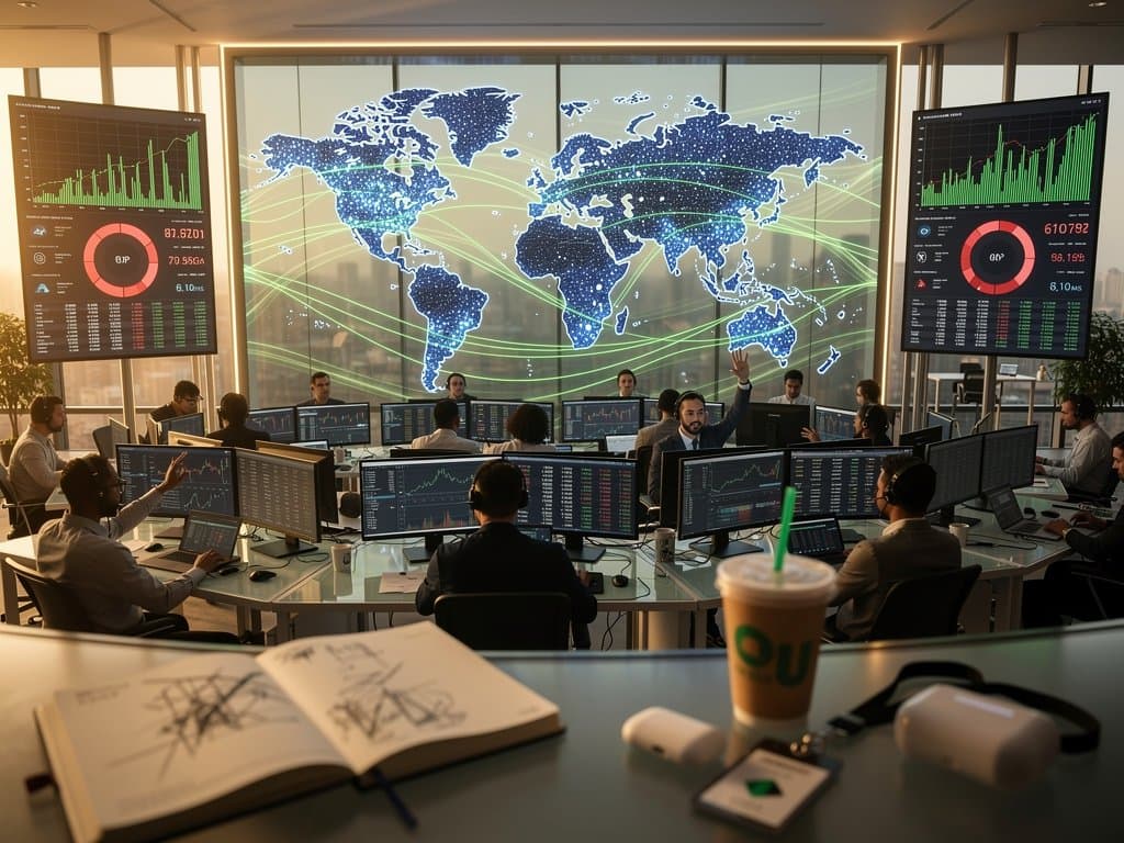 Abstract global edge network map with Cloudflare AI inference waves, BTC chart to USD 74,862, Fear Index at 23 amid world cities