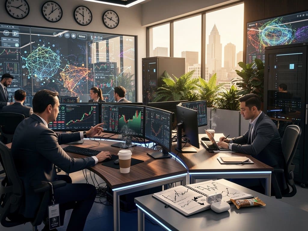 Abstract trading floor with multi-monitor setups showing BTC charts at USD 74K, global clocks, and Fear & Greed at 23 under modern LED lighting