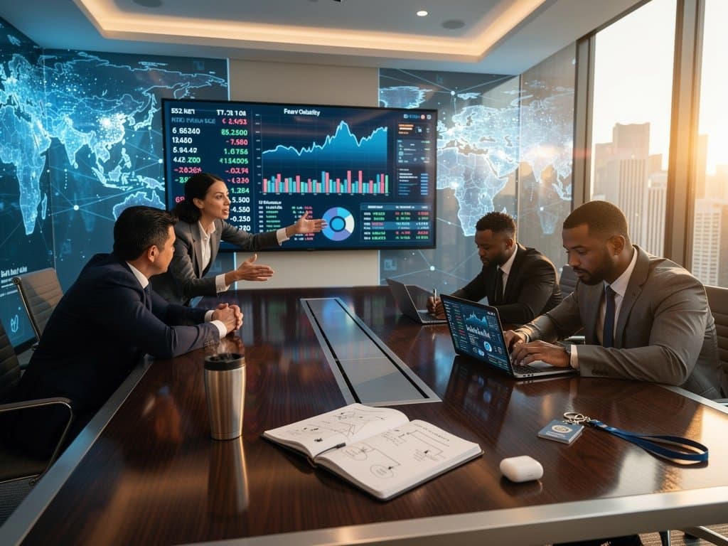 Professionals analyze blockchain compliance and crypto market data in modern boardroom with global regulatory maps