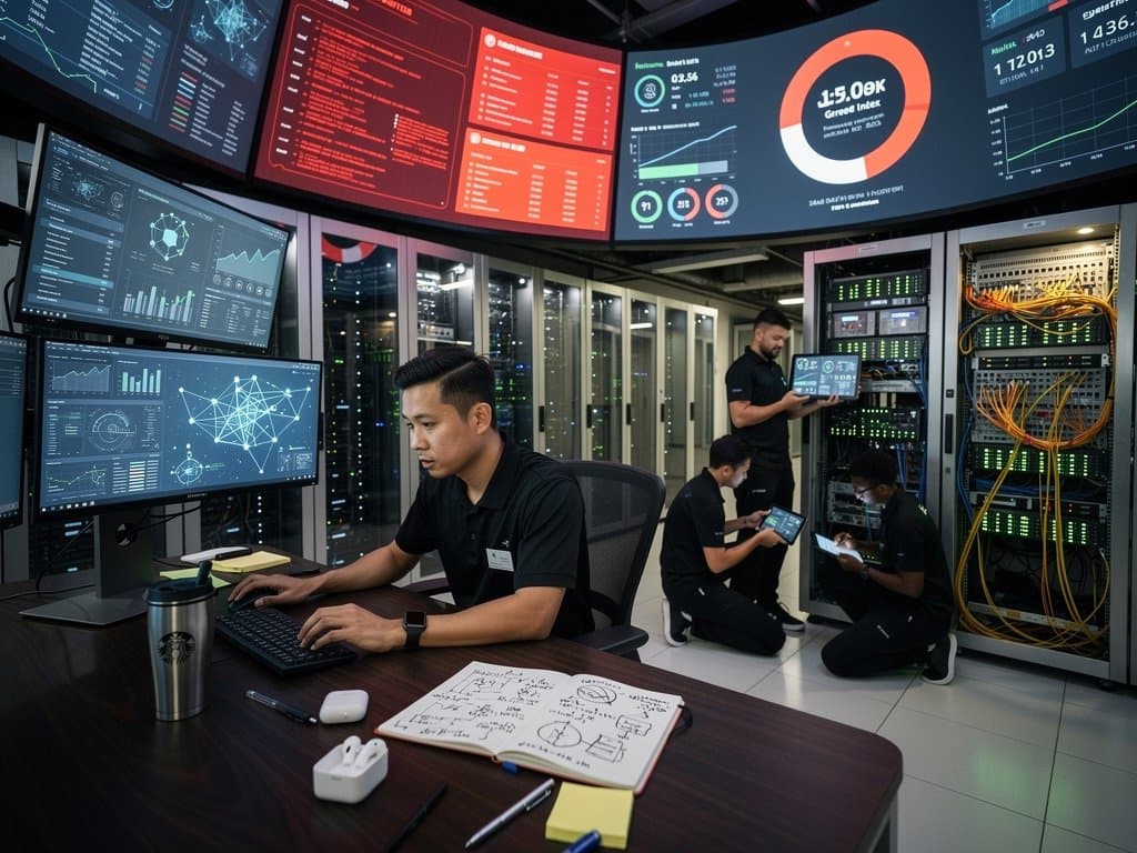Global engineers monitor crypto security and market data including BTC at 75K USD and Fear Index 23 in Singapore fintech data center
