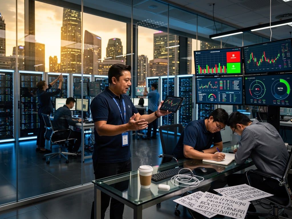 Cybersecurity team in Singapore data center monitors blockchain recovery dashboards showing Fear & Greed Index at 23 and crypto prices post-DeFi hack.