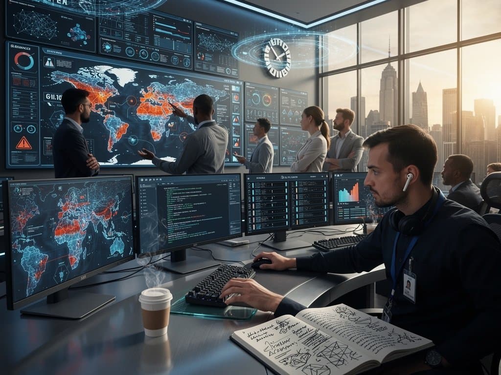 Global cybersecurity team monitoring AI threat maps in high-tech operations center