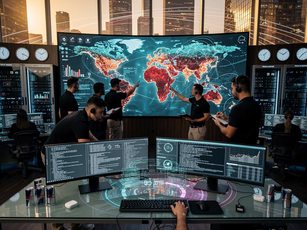 Cybersecurity operations center monitoring Mexico AI breach threats on global maps and multi-screens with crypto charts