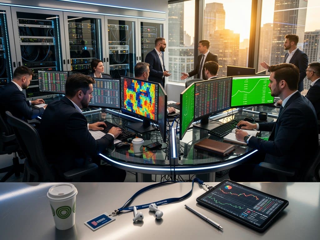 Global traders monitoring crypto charts, Tether transfers, and DeFi metrics on a high-tech trading floor with city views