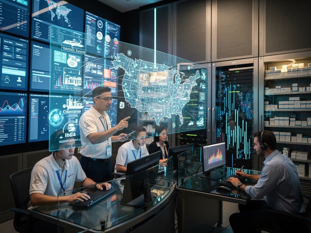 AI-powered pharmacy tech scanning prescriptions with global supply chain visualizations and efficiency dashboards