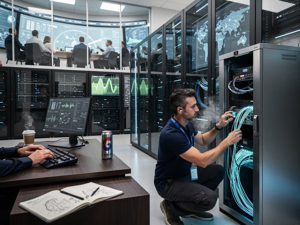 Engineer monitors AI servers in global data center displaying tax processing waveforms with control room analysts and timezone connectivity