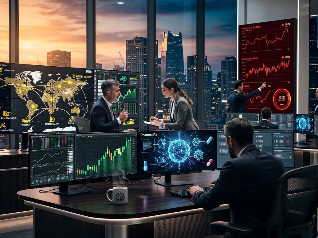 Trader monitors AI health fintech stocks and crypto Fear & Greed Index on multi-monitor trading desk