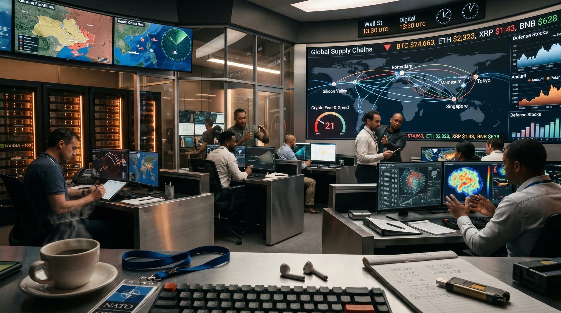 Command center screens show AI threat maps, drone swarms, supply chains, and Fear & Greed Index amid glowing tech infrastructure