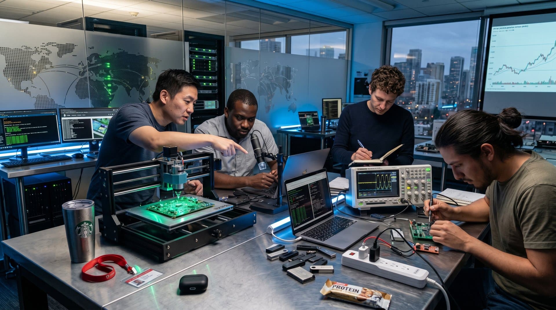 CNC probe arm tests circuit board in modern hardware lab with oscilloscope and tools