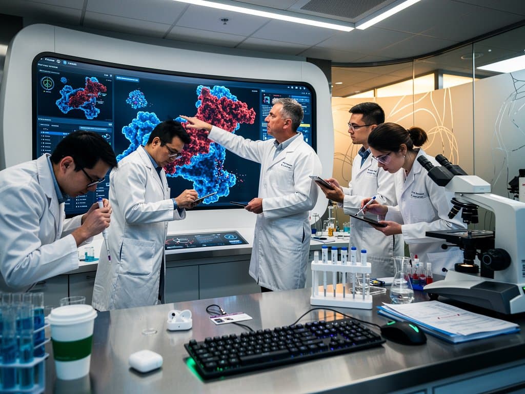 Biotech lab with AI protein models on curved screen amid modern workstations