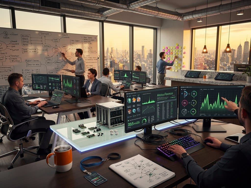 Cloudflare engineering workspace with Workers AI dashboards on multi-monitors, latency metrics, and global tech setup