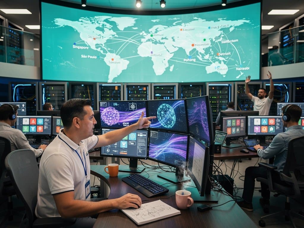 Global edge network visualization with AI inference flows across world map and server racks