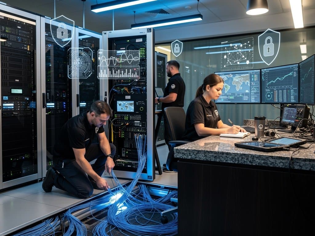 Edge computing servers and fiber optic cables in a high-tech data center displaying cybersecurity and verification data flows