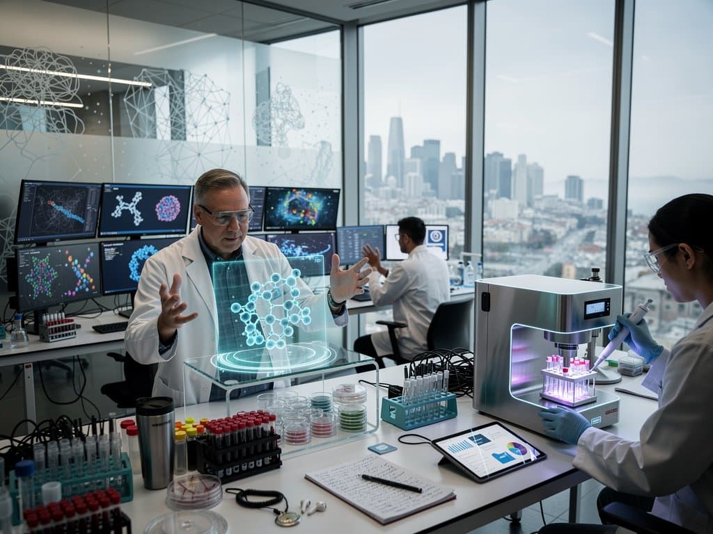 AI-biotech lab with 3D molecular models on screens, global maps, collaborative workspace overlooking city skyline