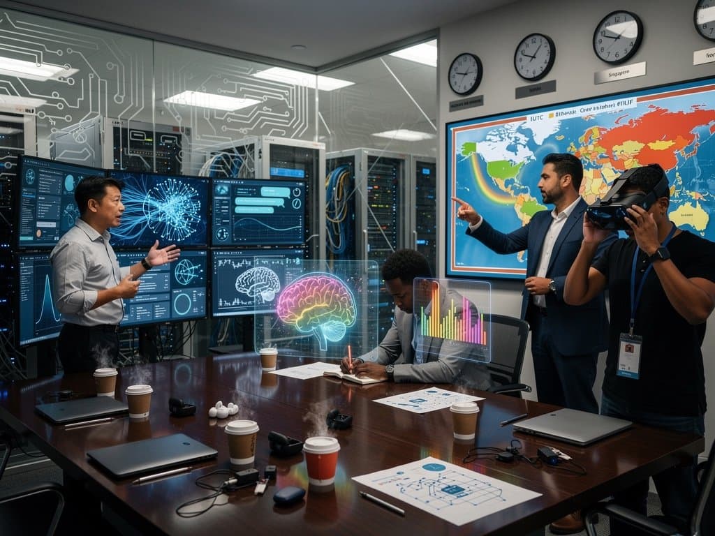 AI engineers in high-tech lab analyzing mental health chatbot neural networks and interfaces with city skyline view