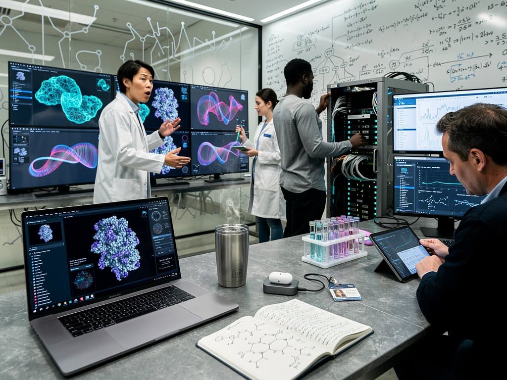 AI biotech lab with researchers analyzing 3D protein models on screens amid GPU servers and genomic data visualizations