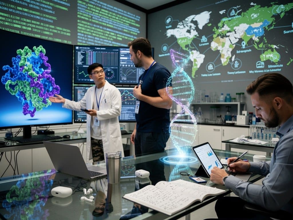 Scientists collaborate on protein simulations across multi-monitor setups in a high-tech AI biotech research lab with glass partitions and server racks.