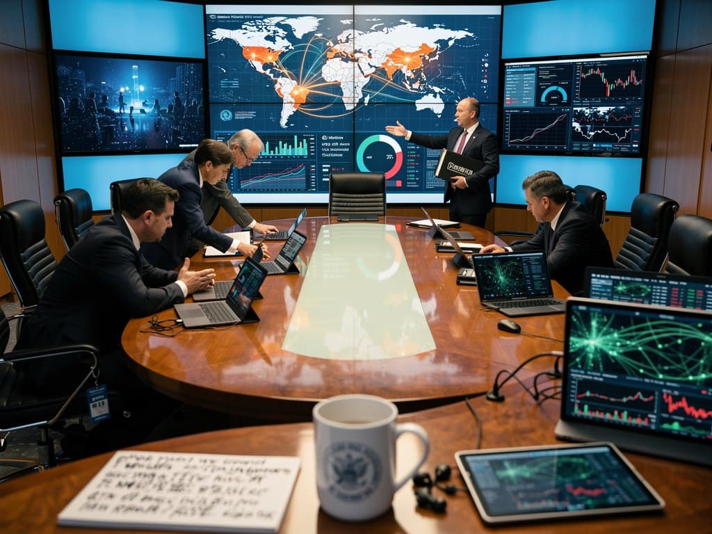 White House conference room with AI safety dashboards, neural networks, and global crypto charts on secure video walls
