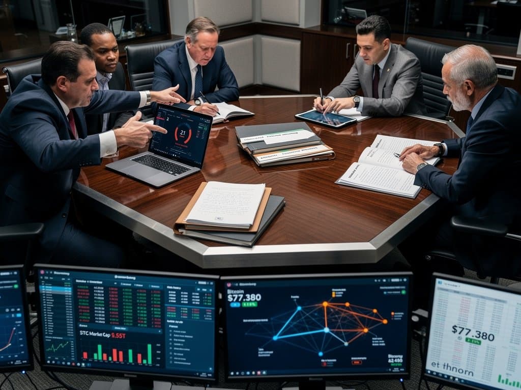 Professionals in Capitol room debate House resignations AI policy with crypto charts and global maps