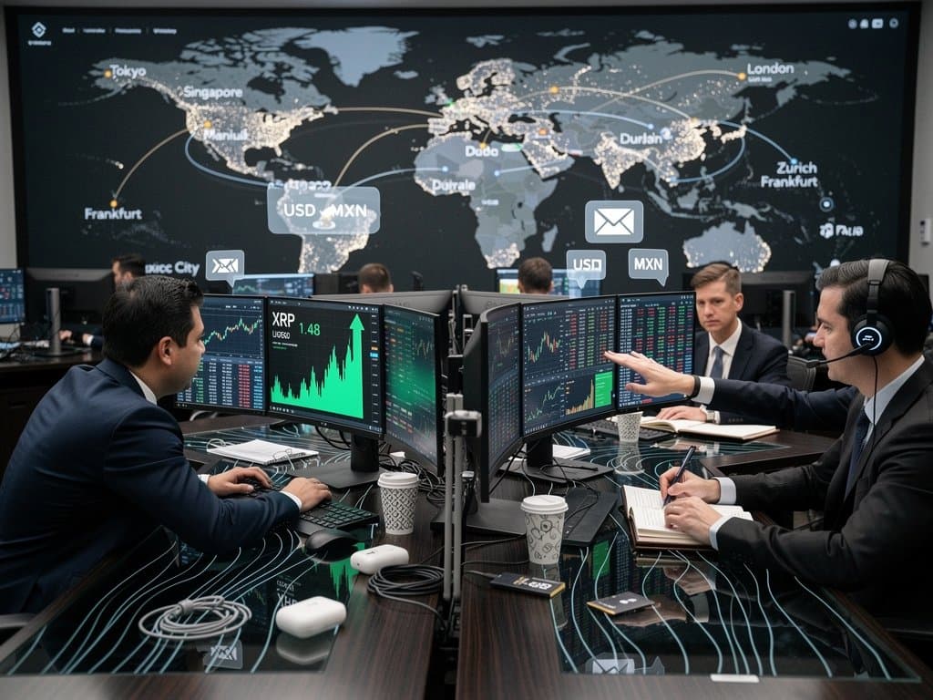 Global charts of XRP cross-border payments at USD 1.48 vs BTC ETH, Fear & Greed Index, remittance flows on world map