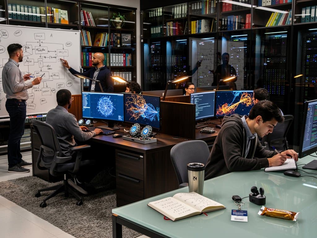 Modern AI lab with multi-monitor setups displaying neural networks, collaborative tables, server racks, and campus view through windows