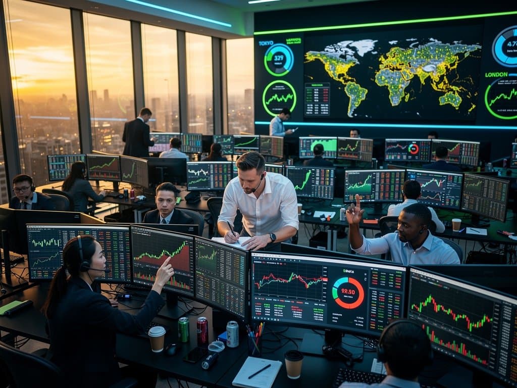 Global trading floor with BTC at USD 77,211, Claude 4.7 token costs dashboards, and crypto charts from Tokyo to New York