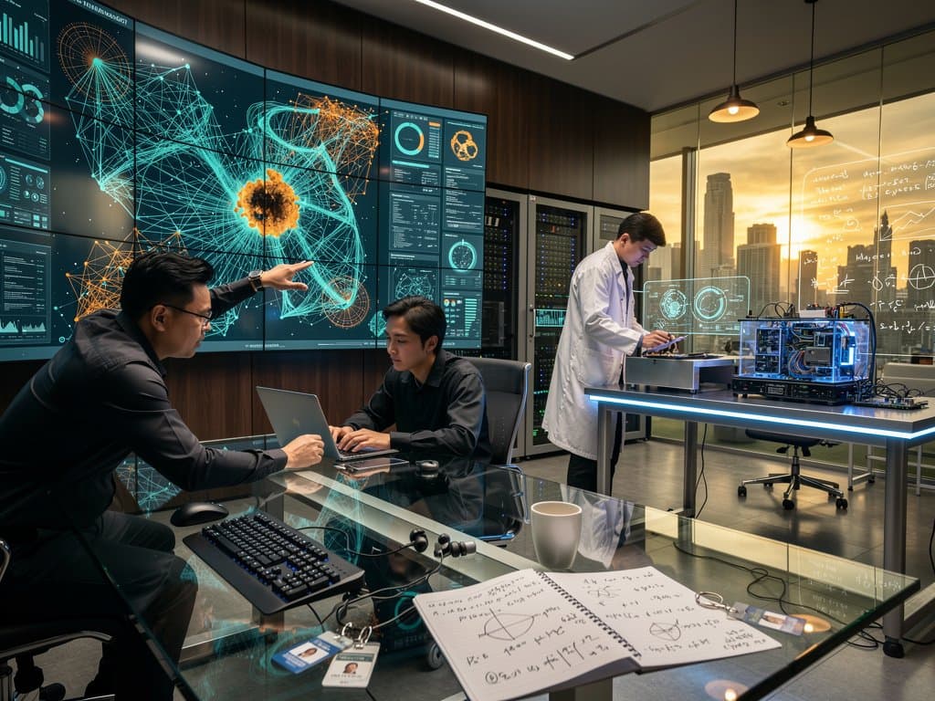 Diverse global team analyzes AI neural networks in modern lab with servers, data projections, and city skyline view