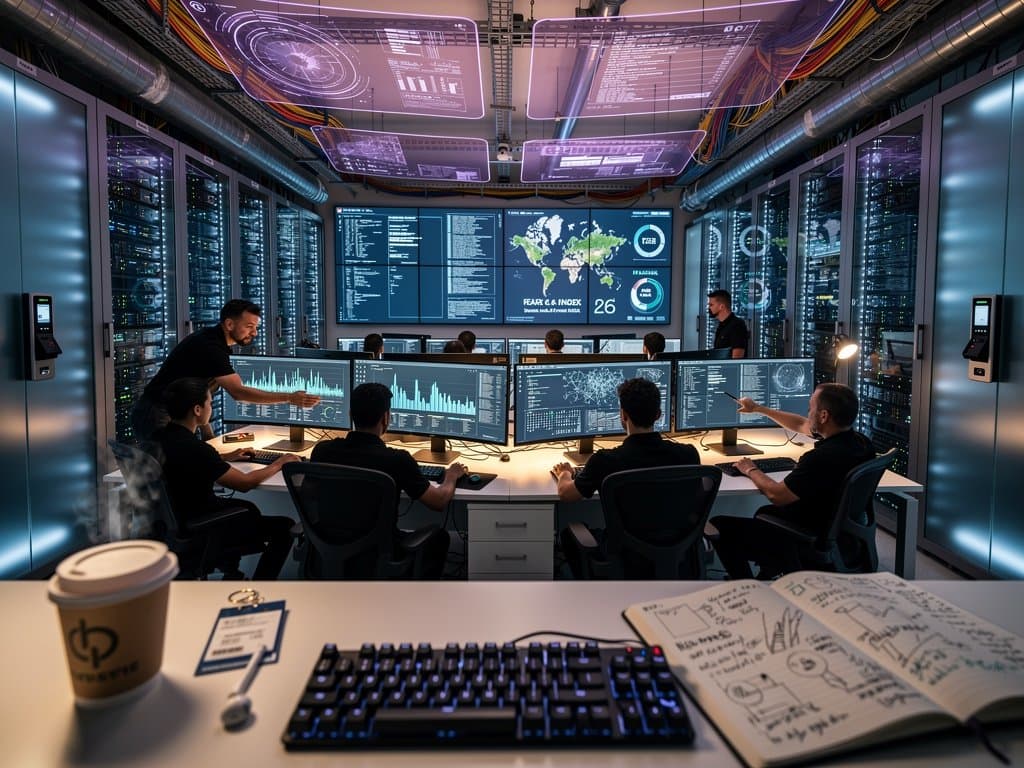 Cybersecurity analysts monitor blockchain threats on multi-screen setups in a high-security Tier IV data center with server racks and LED lights