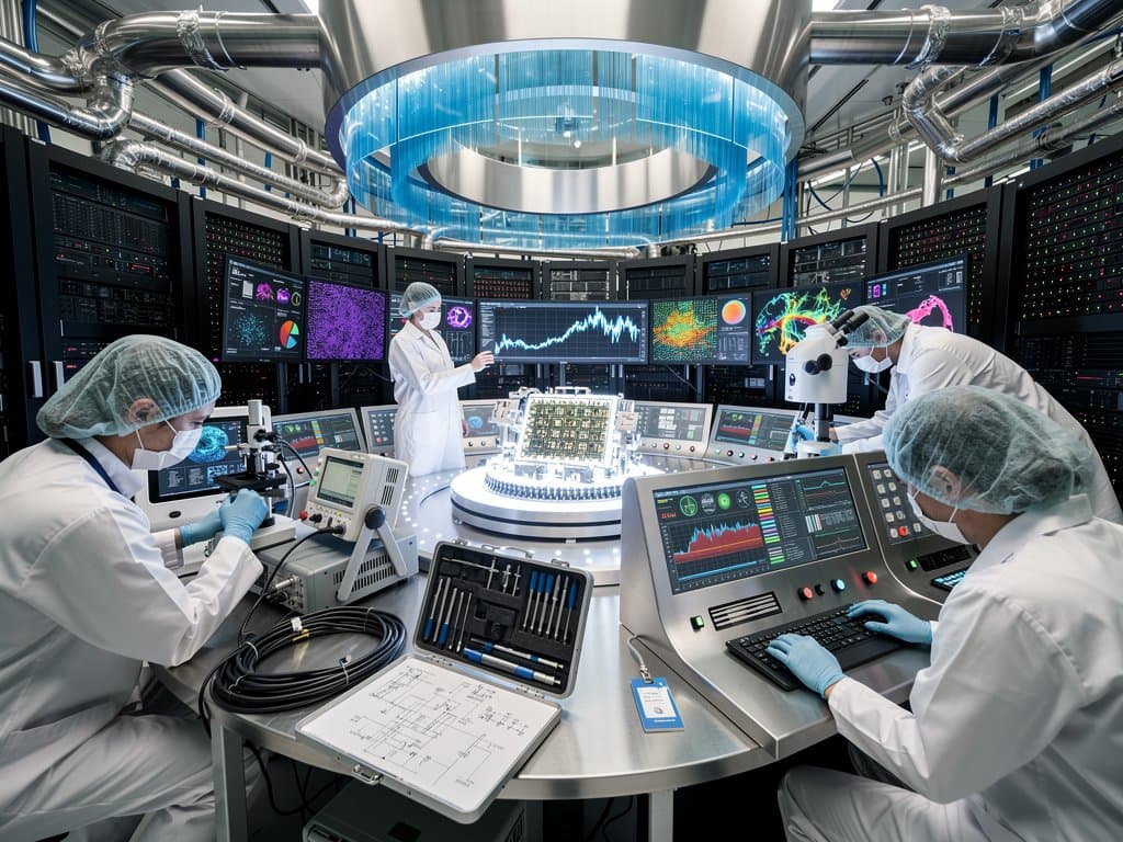 Engineers test massive wafer-scale AI chip in busy high-tech data center lab with server racks and diagnostic screens