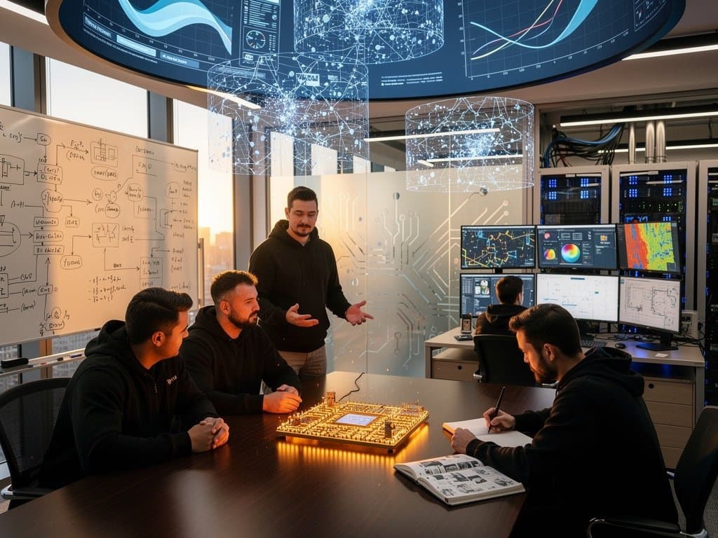 High-tech AI lab with wafer-scale chip model, holographic projections, multi-monitors, and server racks in modern office setting