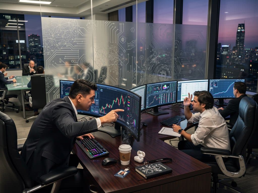 Advisors in modern office analyze AI financial plans, BTC charts at $77K USD, and crypto portfolios on large monitors with city skyline view