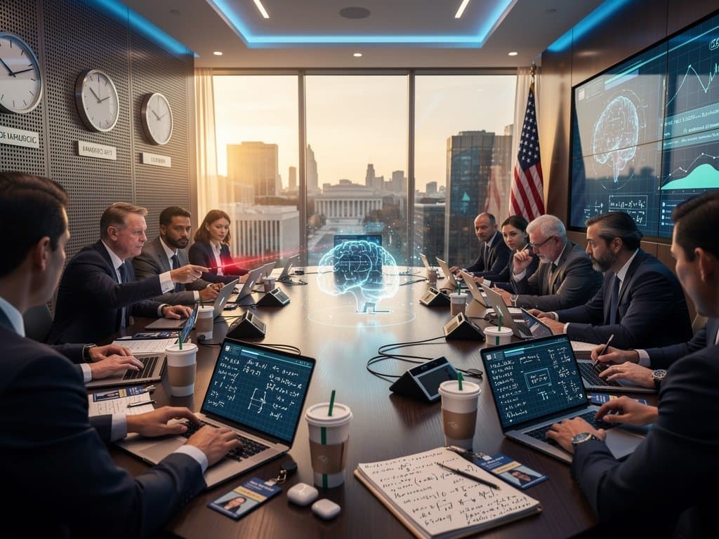 Conference room with AI safety charts, U.S. flag, laptops, and global clocks symbolizing White House-Anthropic talks