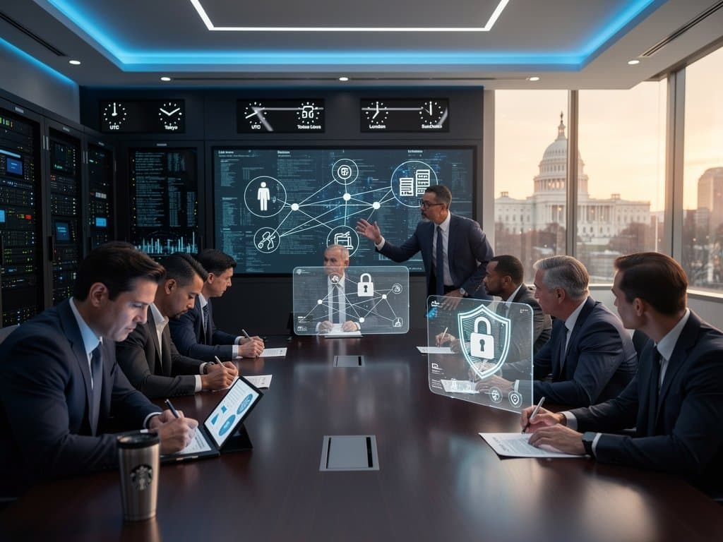 Holographic AI networks, global supply chain maps, cybersecurity icons, and world clocks in White House Anthropic meeting conference room