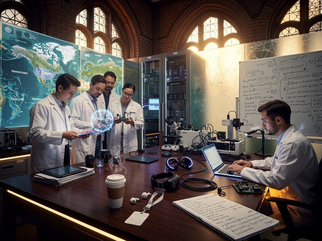 AI research lab on historic US campus with holographic displays of neural networks, global maps, and gadget prototypes amid collaborative tech setup
