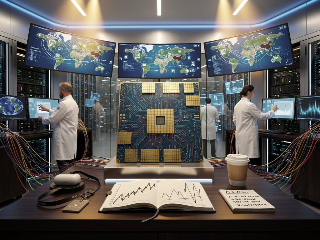 Glowing wafer-scale AI chip with global network connections from US to Asia and Europe