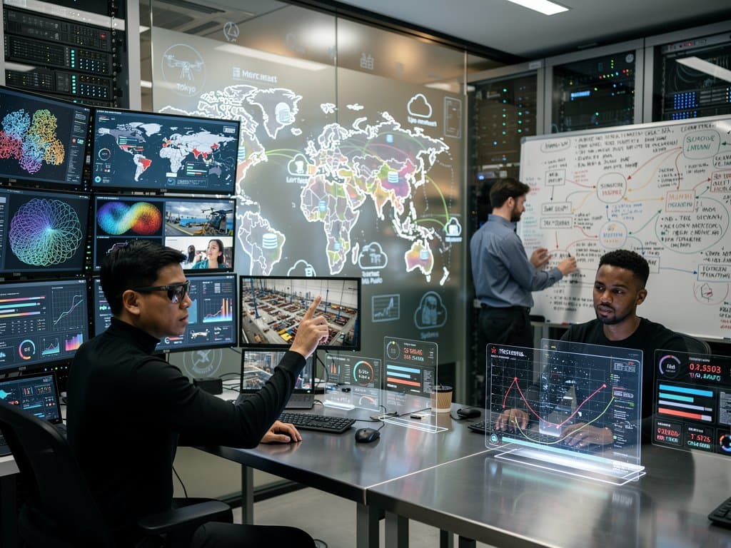 Diverse global engineers collaborate on Amazon Nova video embeddings and semantic search in futuristic AI lab with world map of AWS regions and crypto market visuals