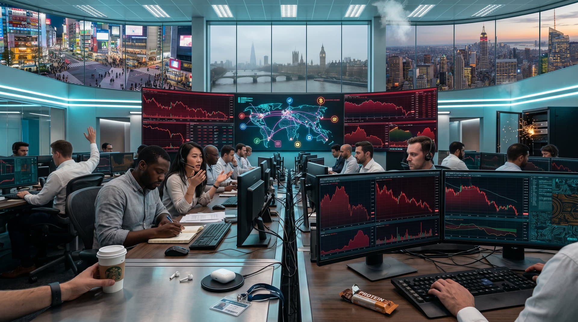 Global traders' screens show BTC at USD 76K drop, Fear & Greed at 26, Gaza crypto rebuild icons, blockchain networks