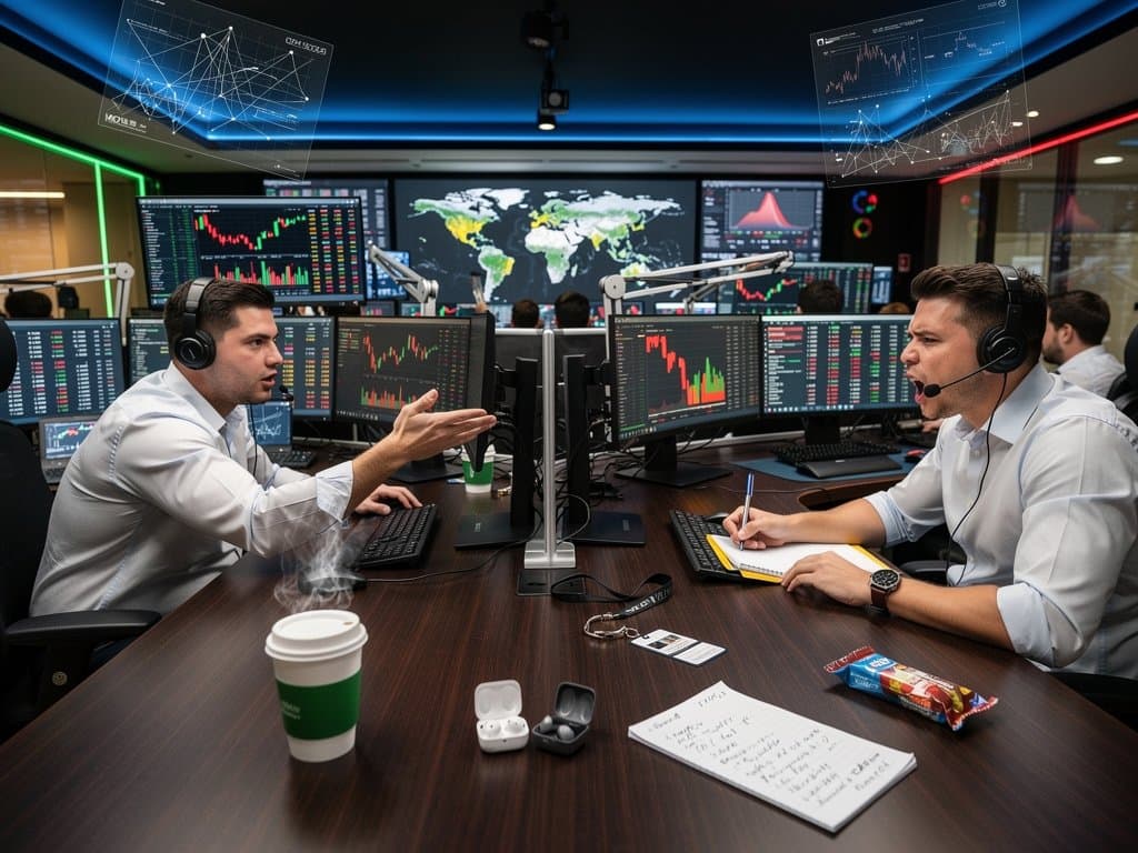 Multi-monitor trading desk showing BTC at USD 75,697, crypto exchange charts, and global fintech security visuals