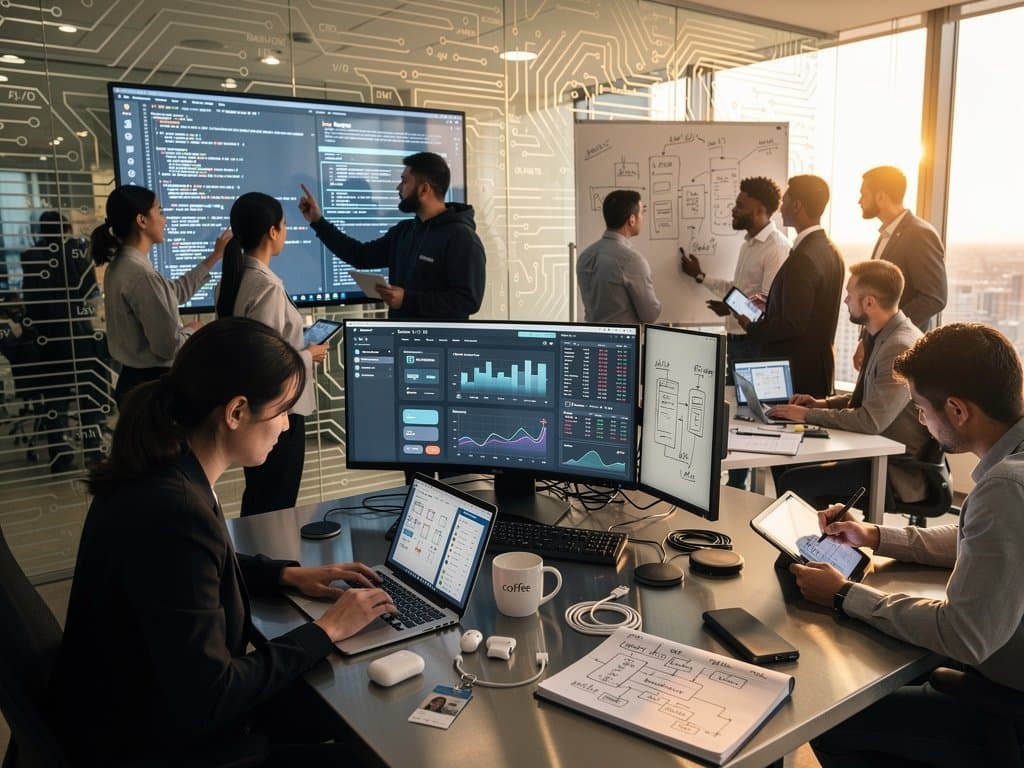 Developers prototype Claude AI designs on multi-monitors in modern global tech studio with city views