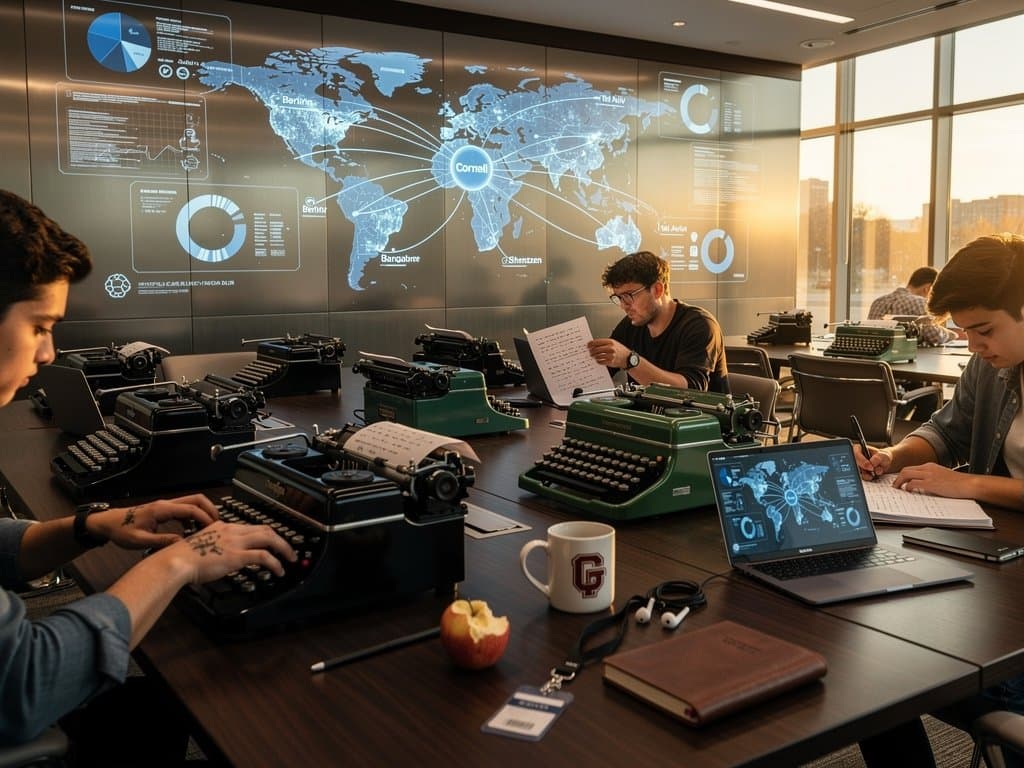 University classroom filled with dozens of vintage typewriters on desks, world map linking Cornell to global hubs in Berlin, Bangalore, Shenzhen, and Tel Aviv for anti-AI tools