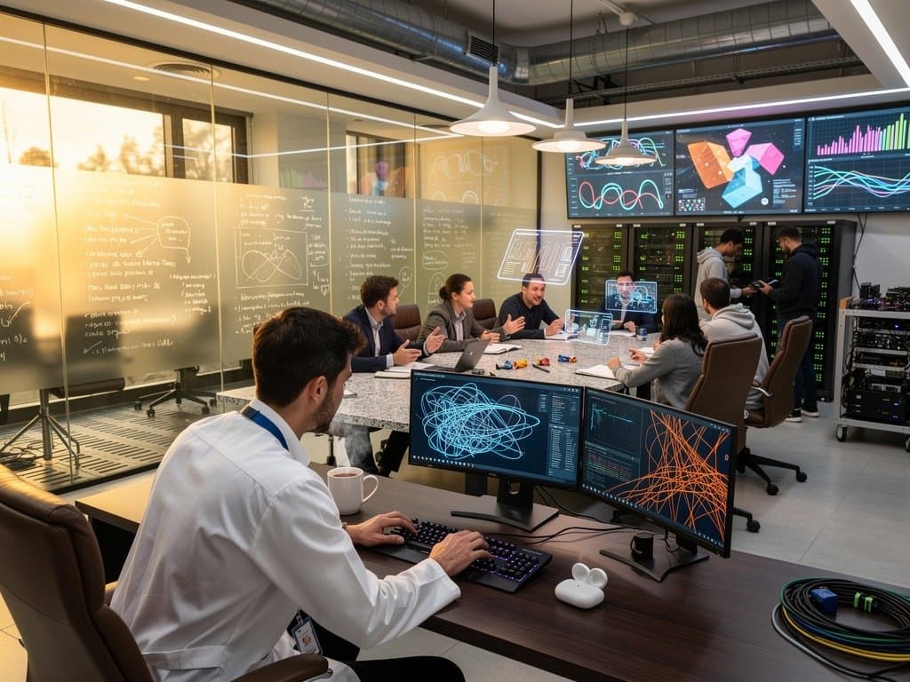 Glowing AI neural network screens, server racks with green LEDs, holographic projections, and modern lab elements in high-tech research facility