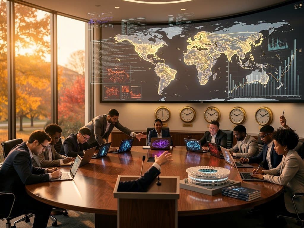 University trustees review AI dashboards for curriculum and sports in modern boardroom with global maps and financial charts
